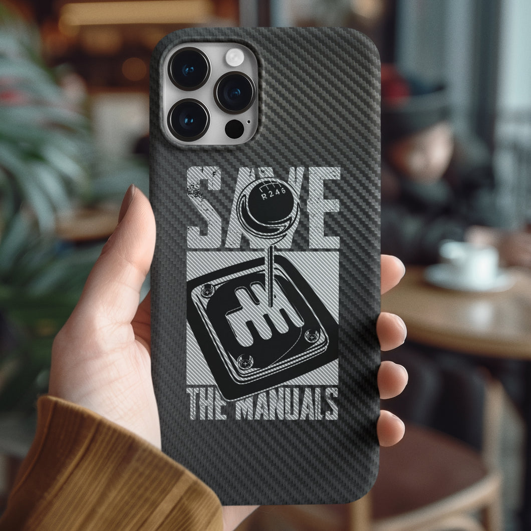 Coque iPhone en fibre de carbone et verre trempé Save The Manuals, livraison gratuite dans le monde entier