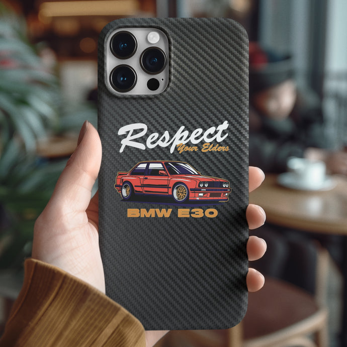 Coque iPhone en fibre de carbone et verre trempé pour BMW E30 « Respect Your Elders » Livraison gratuite dans le monde entier