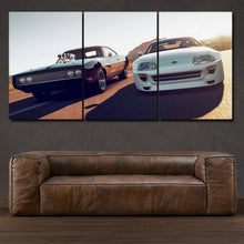 Load image into Gallery viewer, Dodge Charger &amp; Toyota Supra 3-piece framed canvas print – premium motorsport wall art