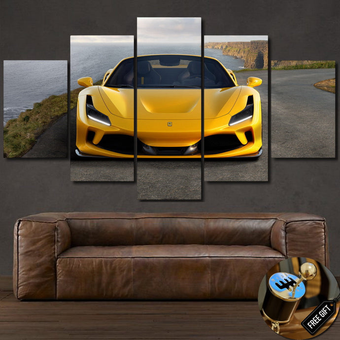 Yellow F8 Spider sports car canvas wall art set above brown leather sofa, framed multi-panel design, luxury car photo print decor