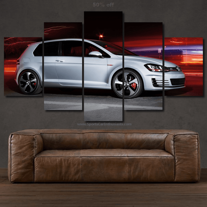 VW Golf GTI multi-panel canvas wall art above brown leather sofa in modern living room