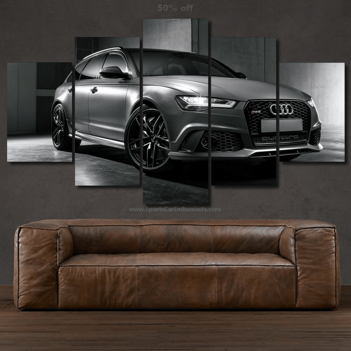 Audi RS6 multi-panel canvas wall art above brown leather sofa in modern living room