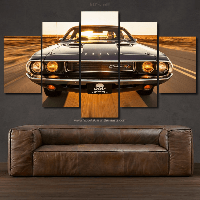 Dodge Challenger Canvas wall art with five panels showing front view of classic black muscle car at sunset above brown leather sofa