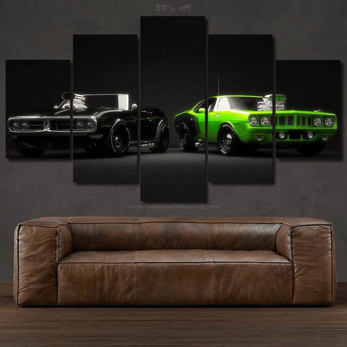 Muscle cars canvas wall art featuring black and green classic muscle cars in a 5-piece framed set above a brown leather sofa.