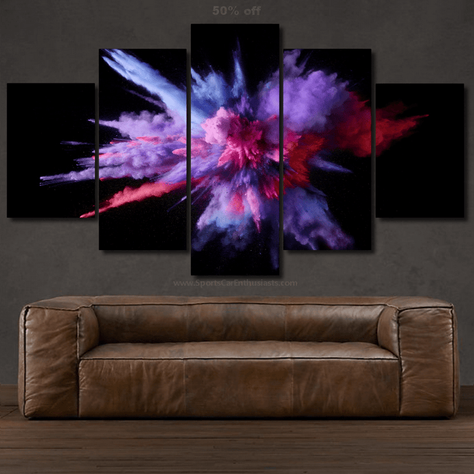 Abstract colorful explosion canvas wall art in 5 pieces above brown leather sofa