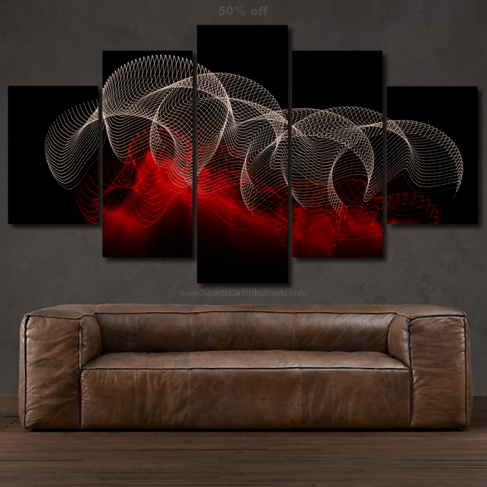 Multi-panel abstract car photo wallpaper canvas art with red and white wave patterns above brown leather sofa