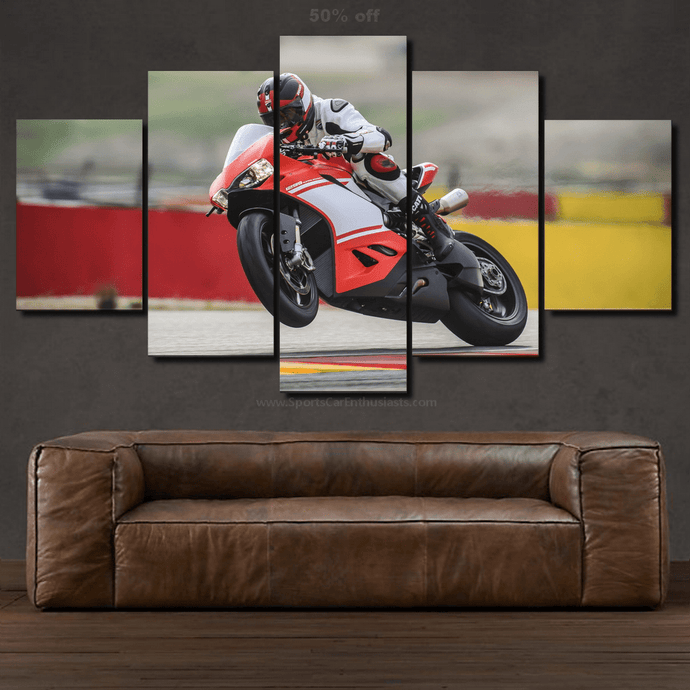 Ducati 1299 Superleggera motorcycle canvas wall art in 5-piece framed set above brown leather sofa