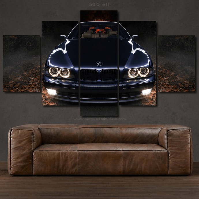 BMW E39 Canvas 5-piece framed wall art featuring a black BMW E39 car photo above a brown leather sofa
