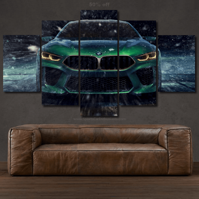 BMW M8 Canvas wall art in 5-piece set displayed above brown leather sofa