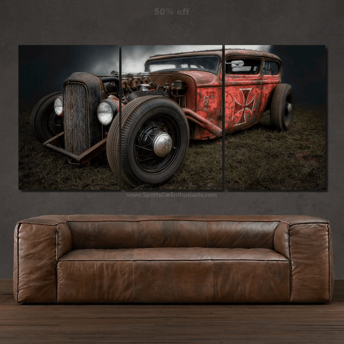 Ford 1932 Hot Rod vintage car canvas wall art set above brown leather sofa