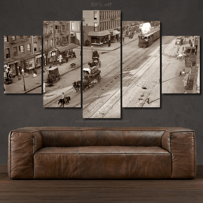 Vintage street scene sepia tone canvas wall art set in 5 pieces above brown leather sofa with free worldwide shipping.
