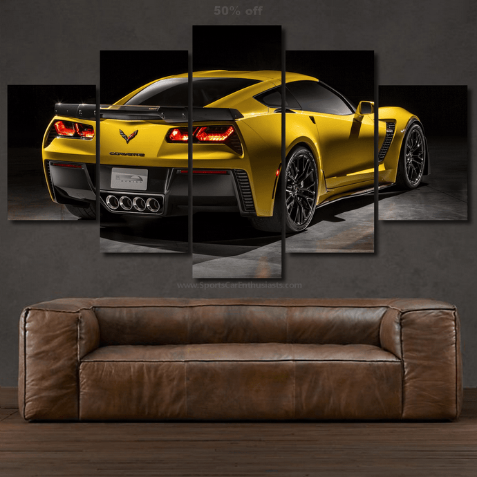 Yellow Chevrolet Corvette car wallpaper canvas wall art above brown leather sofa