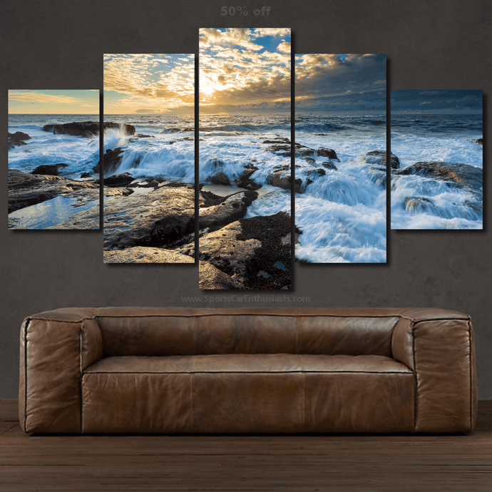 Canvas wall art set of 5pcs featuring ocean waves crashing on rocks with sunrise, free worldwide shipping.