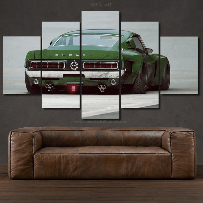 Shelby Canvas 5-piece framed green sports car rear view wall art above brown leather sofa