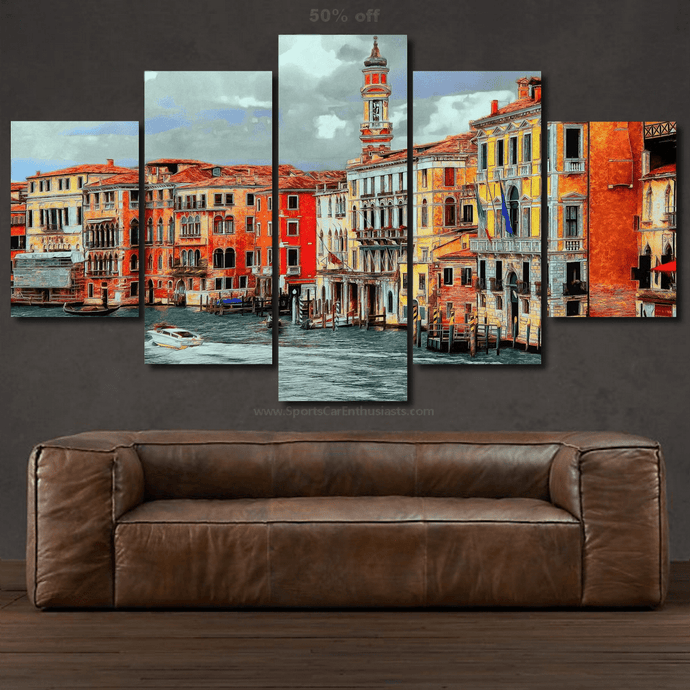 5-piece framed canvas wall art depicting colorful cityscape over water above a brown leather sofa, car photo wallpaper print.