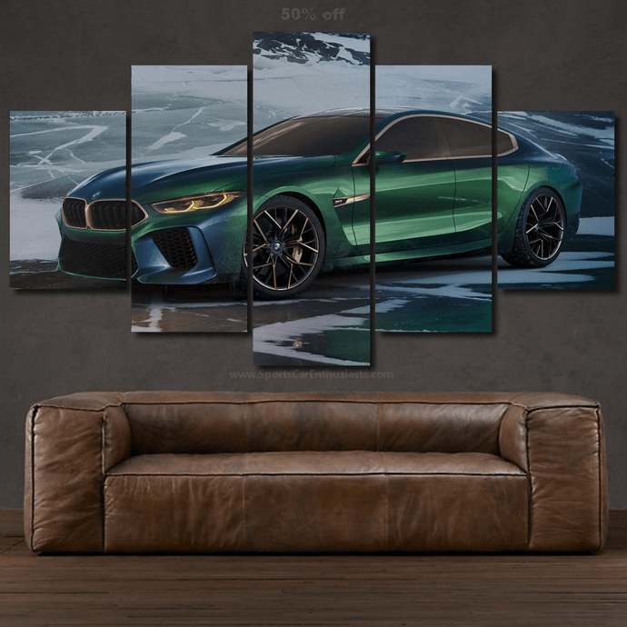 BMW M8 Gran Coupe canvas wall art in 5-piece set displaying a green sports car above a brown leather sofa.