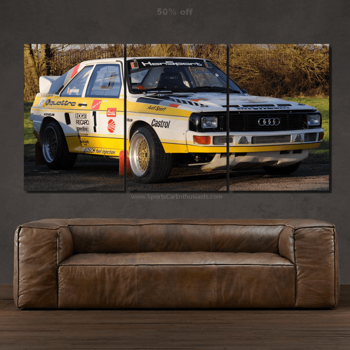 Audi Quattro rally car canvas wall art in three-panel framed print above brown leather sofa