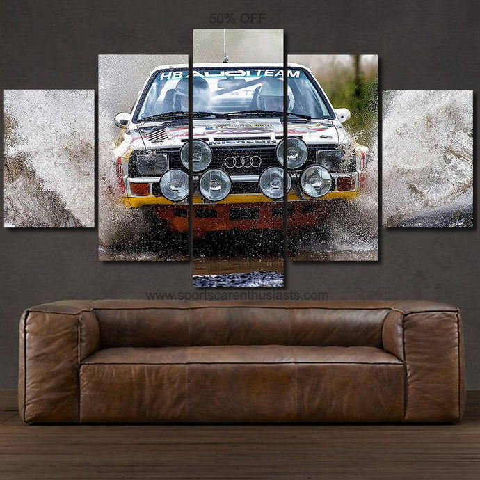 Audi S1 Quattro rally car photo canvas wall art set above brown leather sofa