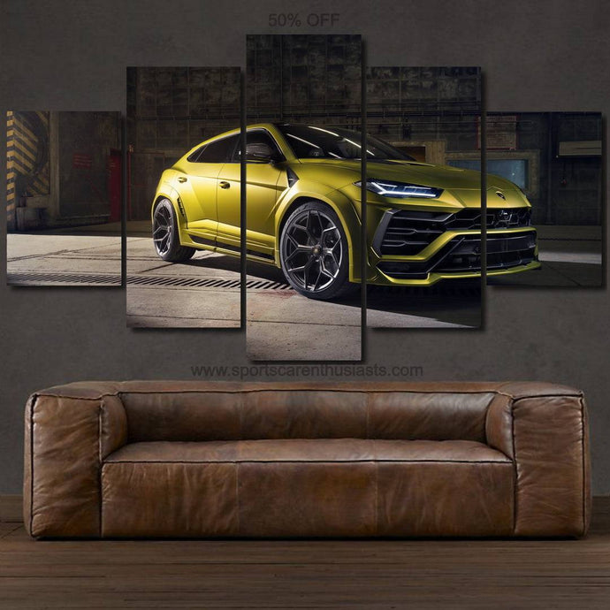 Yellow Lamborghini Urus multi-panel canvas wall art above brown leather sofa in industrial room setting