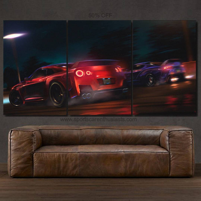 Nissan GT-R R35 and Toyota Supra MK5 racing canvas wall art above brown leather sofa
