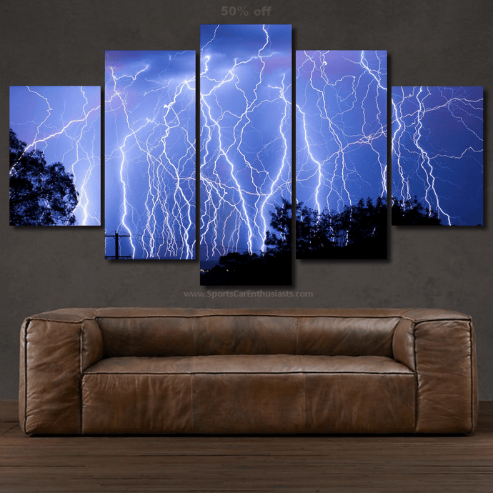 Five-piece framed canvas set featuring dramatic lightning storm artwork, perfect for modern wall decor.