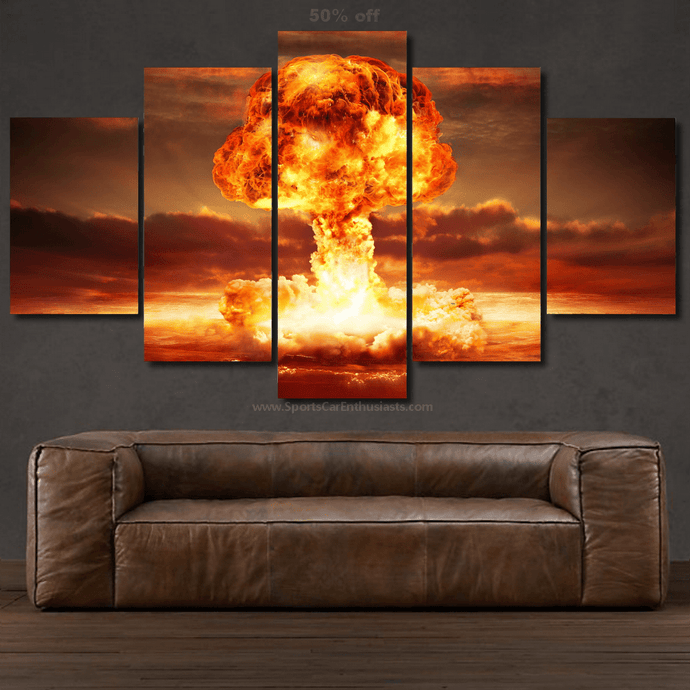 multi-panel canvas wall art featuring fiery explosion over dark background displayed above brown leather sofa car photo wallpaper print