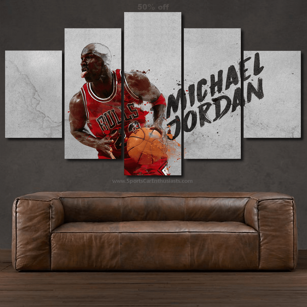 Michael Jordan basketball action multi-panel canvas wall art above brown leather sofa