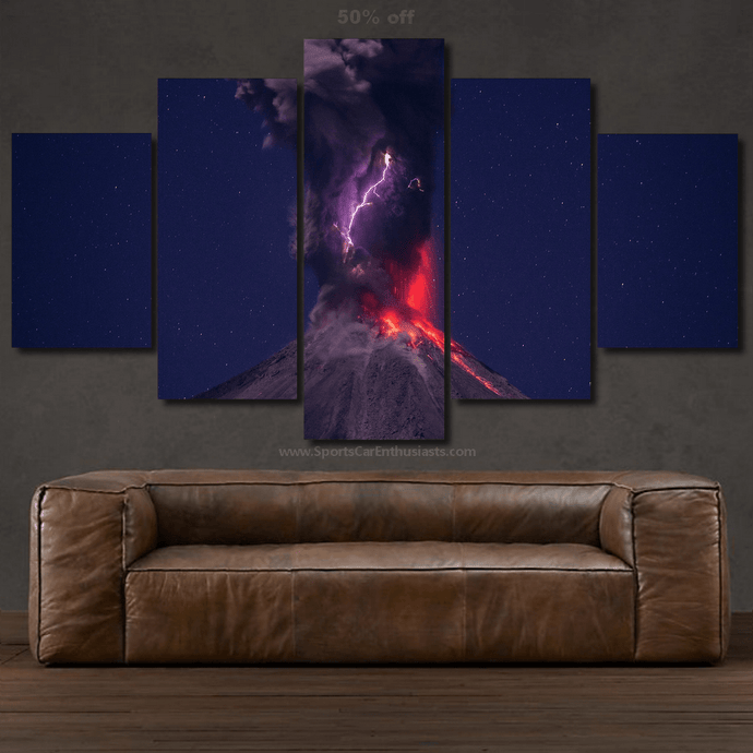 5-piece canvas wall art featuring a volcanic eruption with lightning over a dark sky above a brown leather sofa