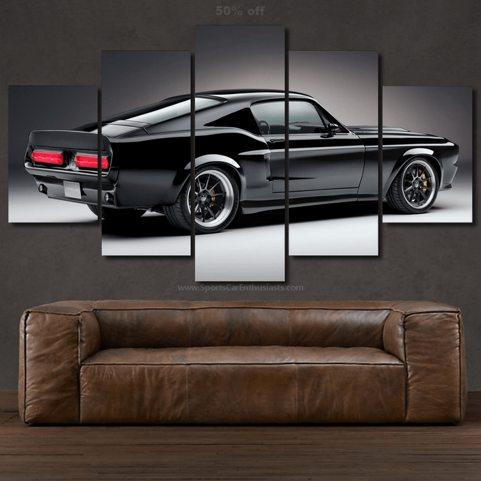 Black Ford Mustang car wall art canvas set above brown leather sofa, 5-piece framed decor