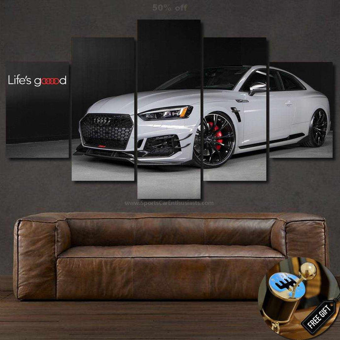 Audi RS5 R ABT white sports car multi-panel canvas wall art with Life's good text above brown leather sofa