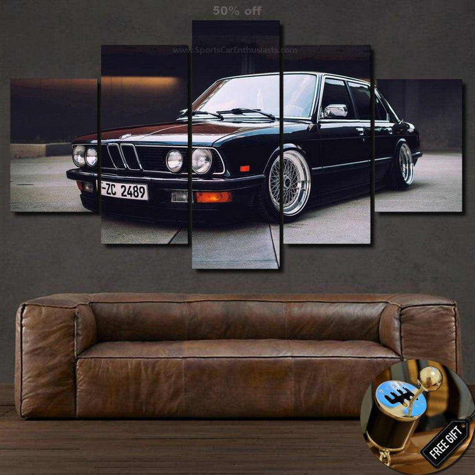 BMW E21 car multi-panel canvas wall art, framed sports car photo print with free gear shifter keychain gift