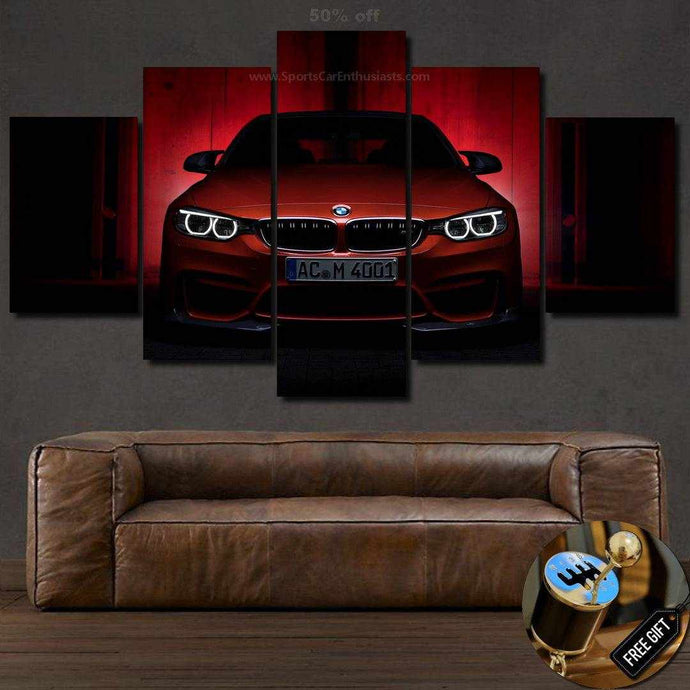 BMW M4 Canvas wall art set with five pieces, featuring a striking front view of a red BMW M4 on a dark red background, perfect for sports car enthusiasts.