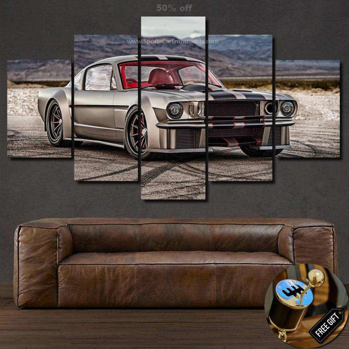 Five-piece canvas wall art featuring a classic Ford Mustang car with red interior above a brown leather couch
