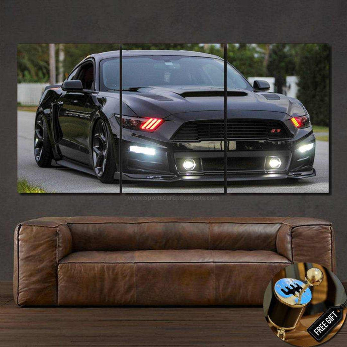 Black Ford Mustang car photo split on 3-piece canvas wall art above brown leather sofa