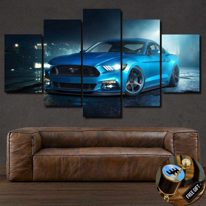 Ford Mustang Canvas wall art in blue, 5-panel framed car photo print above brown leather sofa, with free gear shifter keychain gift