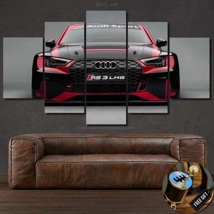 Audi RS3 Canvas multi-panel wall art featuring red and black Audi RS3 car front view above brown leather sofa