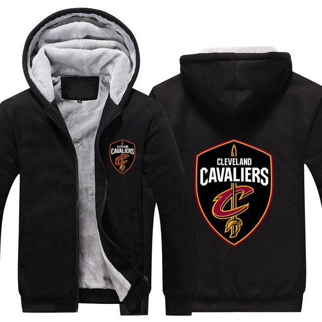 Black NBA Cleveland Cavaliers hoodie with front zipper and team logo on chest and back