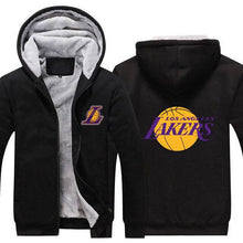 Load image into Gallery viewer, Black NBA Los Angeles Lakers hoodie with front zipper and team logos on chest and back, featuring a soft interior lining.