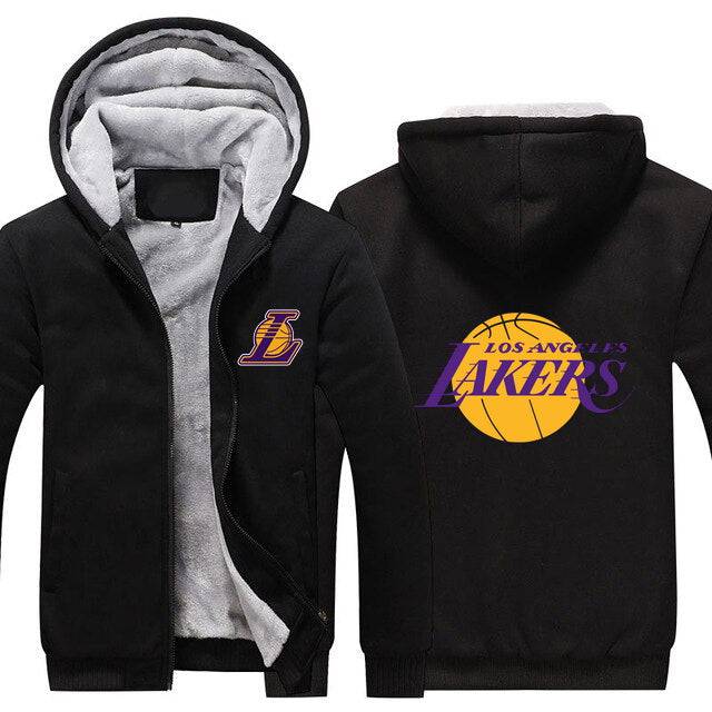 Black NBA Los Angeles Lakers hoodie with front zipper and team logos on chest and back, featuring a soft interior lining.