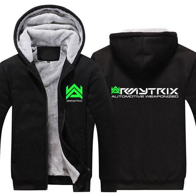 Black Armytrix Hoodie with green logo, zipper closure, and soft lined interior, unisex EU/US sizes