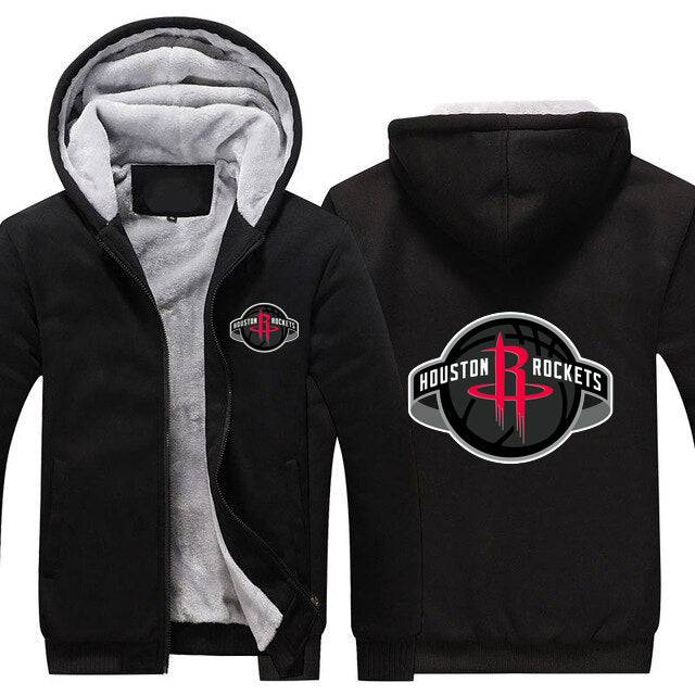 Black NBA Houston Rockets hoodie with front zipper and team logo on chest and back, lined with soft gray material.