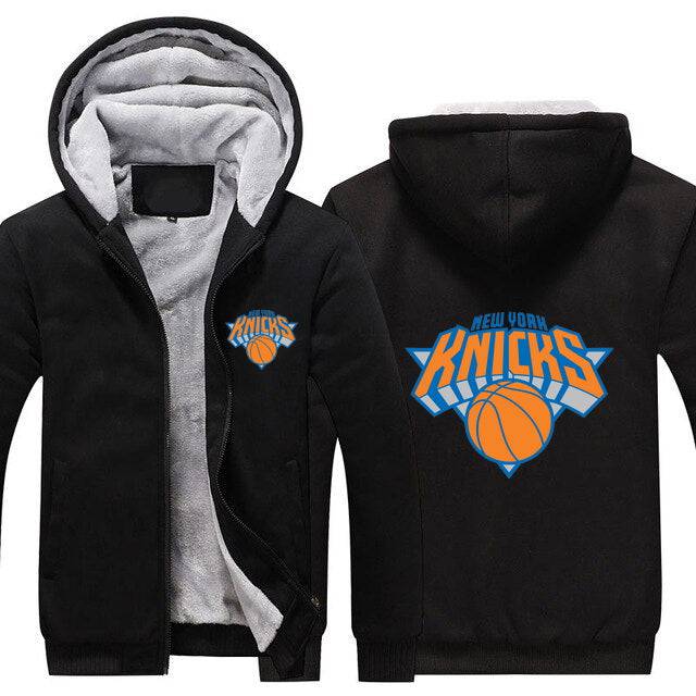 Black NBA New York Knicks hoodie with front zipper and logo on chest and back, lined for warmth.