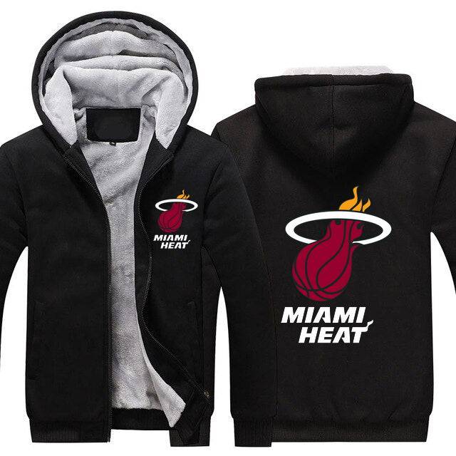 Black Miami Heat hoodie with front zipper, soft inner lining, and team logo on chest and back