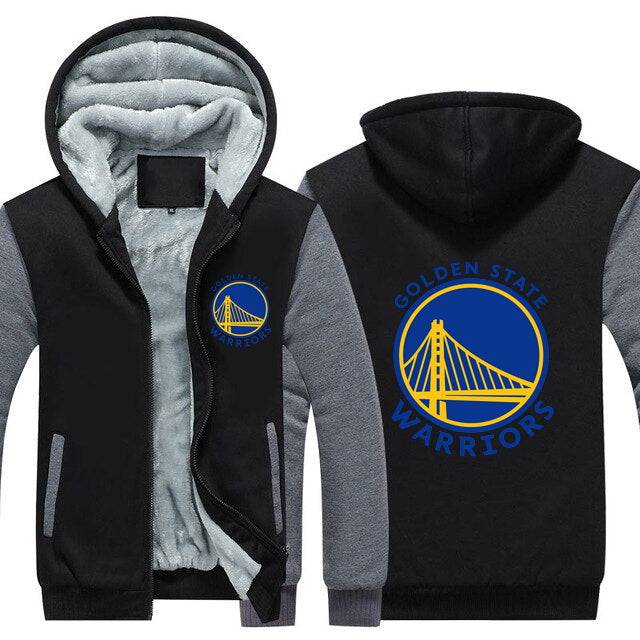 NBA Golden State Warriors black and gray zip-up hoodie with team logo on chest and back, fleece-lined interior, unisex adult sizes