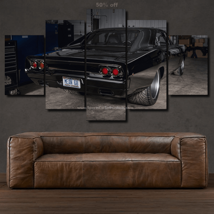 Dodge Charger canvas wall art set featuring a black vintage car in a garage, perfect for sports car enthusiasts.